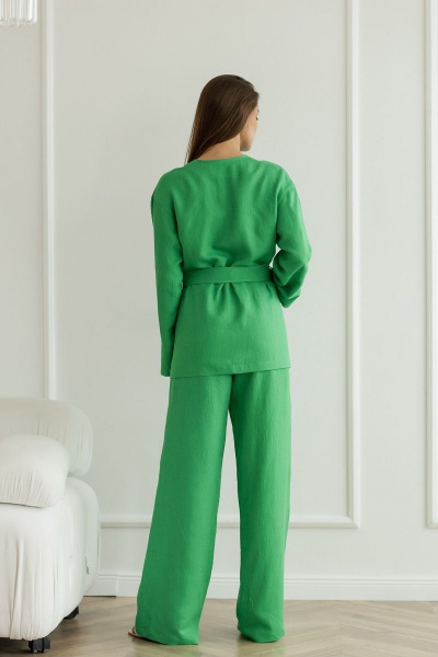 Летний леновый костюм брюки палаццо и жакет с асимметричным краем Atelero 1071 зеленый - фото 2