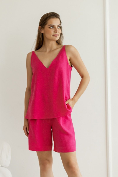 Летний леновый костюм топ и шорты на резинке Atelero 1073 фуксия - фото 3