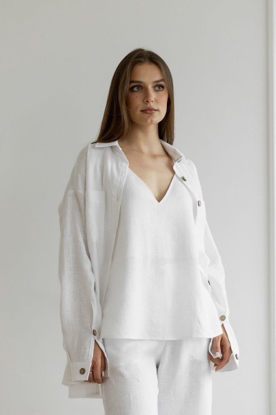 Полный белый летний костюм из льна с рубашкой и топом Atelero 1078 белый - фото 5