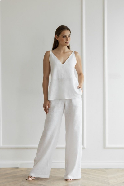 Полный белый летний костюм из льна с рубашкой и топом Atelero 1078 белый - фото 4