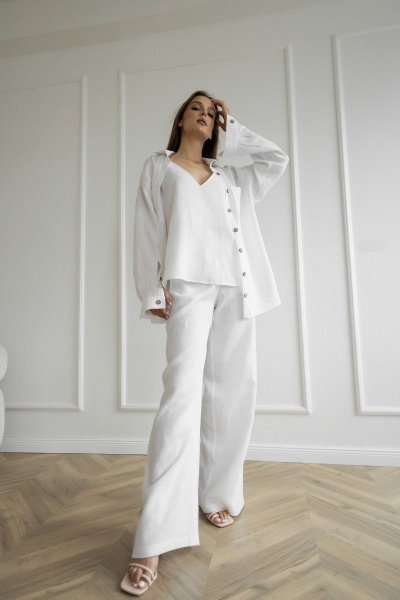 Полный белый летний костюм из льна с рубашкой и топом Atelero 1078 белый - фото 2