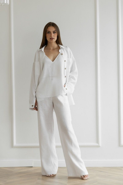 Полный белый летний костюм из льна с рубашкой и топом Atelero 1078 белый - фото 1