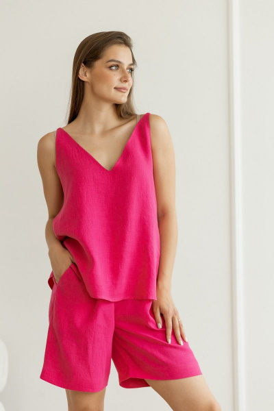 Розовые шорты из льна с карманами и резинкой Atelero 1077 фуксия - фото 1