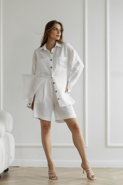 Белые шорты из льна с карманами и резинкой Atelero 1077 белый - фото 1