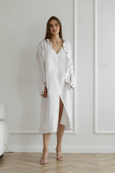 Платье из льна с разрезом и вырезом на бретелях Atelero 1076 белый - фото 6