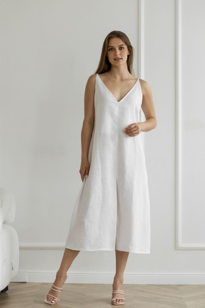 Платье из льна с разрезом и вырезом на бретелях Atelero 1076 белый - фото 3