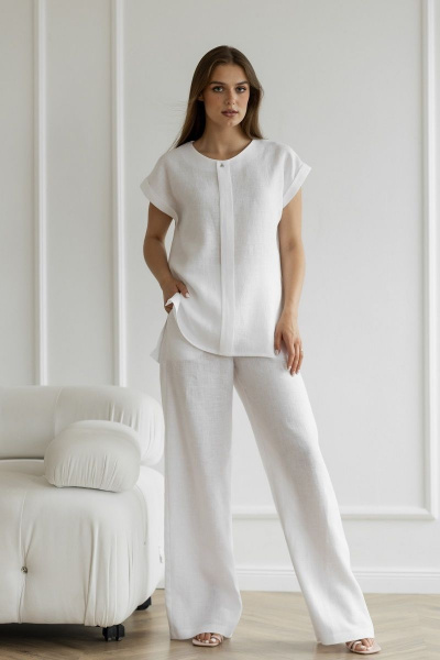 Леновый костюм из брюк и блузы с разрезами Atelero 1075 белый - фото 1