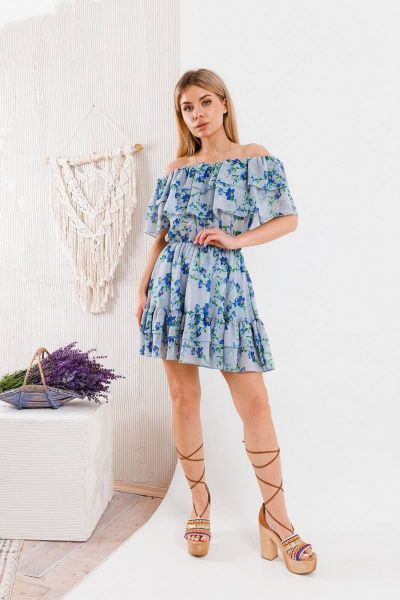 Платье из шифона с воланами и резинкой по талии BARBARA B119 голубой - фото 1