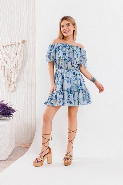 Платье из шифона с воланами и резинкой по талии BARBARA B119 голубой - фото 2