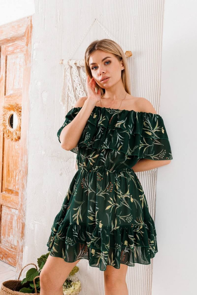 Платье из шифона с воланами и эластичной тесьмой BARBARA B119 малахит - фото 3