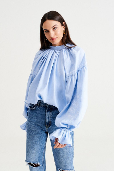 Голубая свободная блуза из льна в этническом стиле MUA 46-583-blue - фото 7