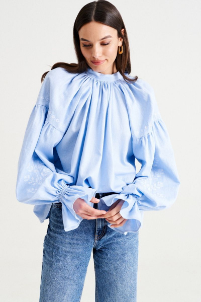 Голубая свободная блуза из льна в этническом стиле MUA 46-583-blue - фото 6