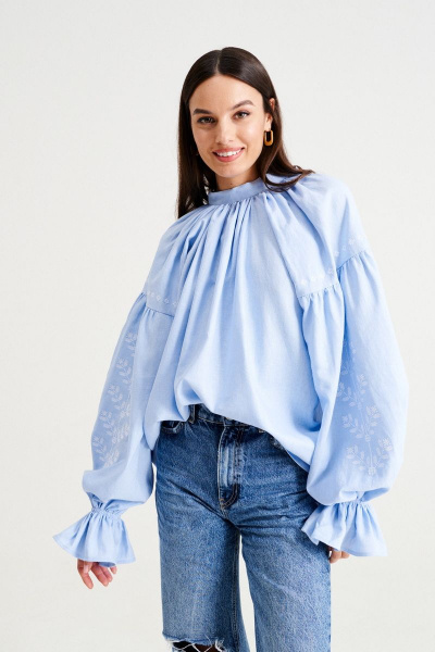 Голубая свободная блуза из льна в этническом стиле MUA 46-583-blue - фото 1