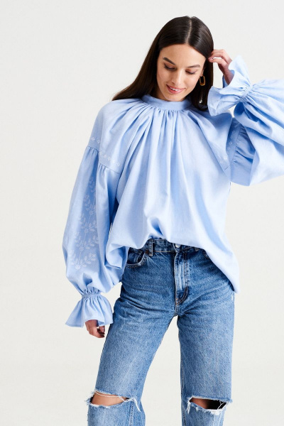 Голубая свободная блуза из льна в этническом стиле MUA 46-583-blue - фото 5