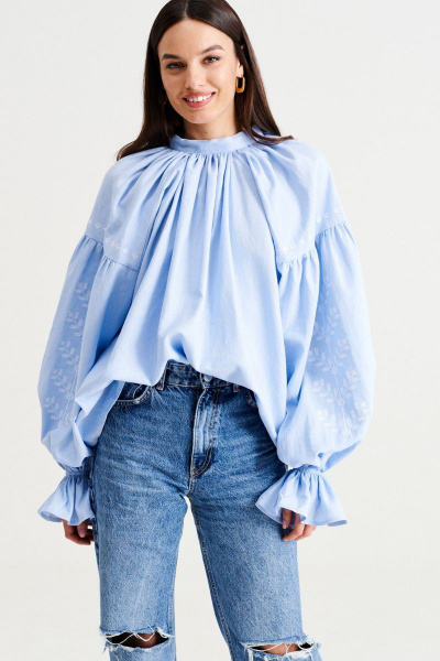 Голубая свободная блуза из льна в этническом стиле MUA 46-583-blue - фото 8