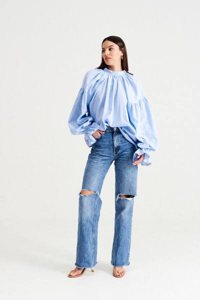 Голубая свободная блуза из льна в этническом стиле MUA 46-583-blue - фото 4