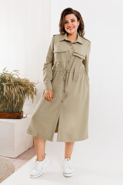 Платье прямое летнее с кулисой и карманами BARBARA B129 хаки - фото 1