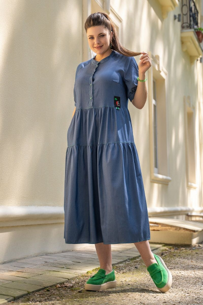 Синее платье футляр с контрастной отстрочкой и пуговицами Andina 816 джинс - фото 9