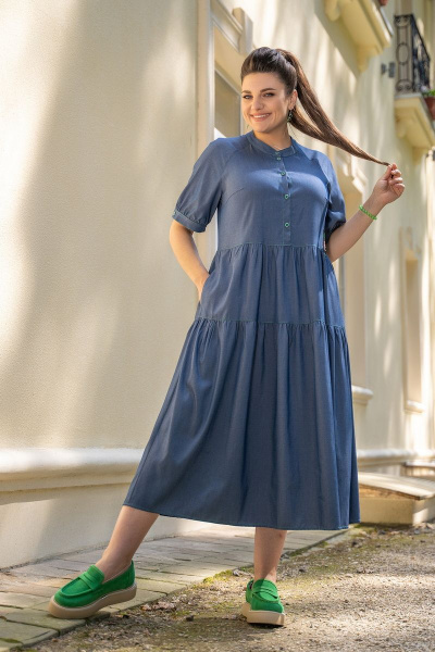 Синее платье футляр с контрастной отстрочкой и пуговицами Andina 816 джинс - фото 8
