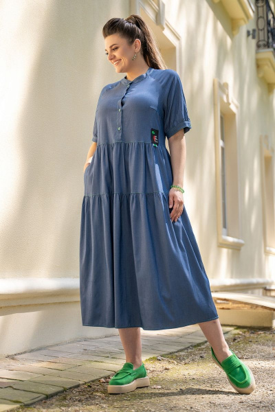Синее платье футляр с контрастной отстрочкой и пуговицами Andina 816 джинс - фото 7