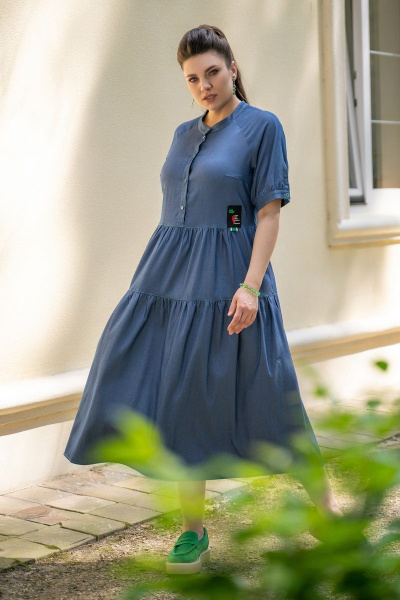 Синее платье футляр с контрастной отстрочкой и пуговицами Andina 816 джинс - фото 6