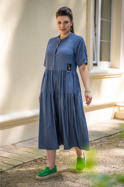 Синее платье футляр с контрастной отстрочкой и пуговицами Andina 816 джинс - фото 5