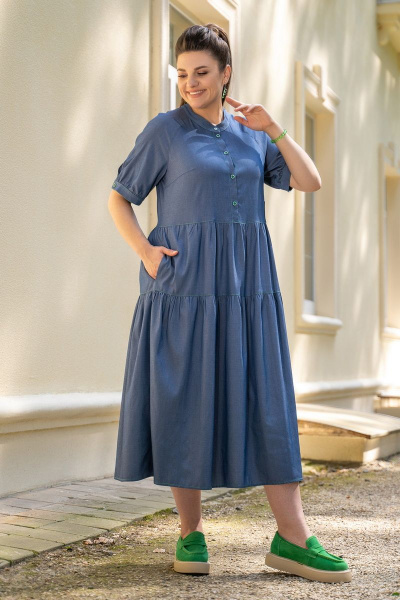Синее платье футляр с контрастной отстрочкой и пуговицами Andina 816 джинс - фото 4