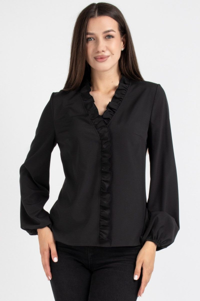 Черная блуза с рюшей и нагрудными выточками VIZAVI 702 черный - фото 1