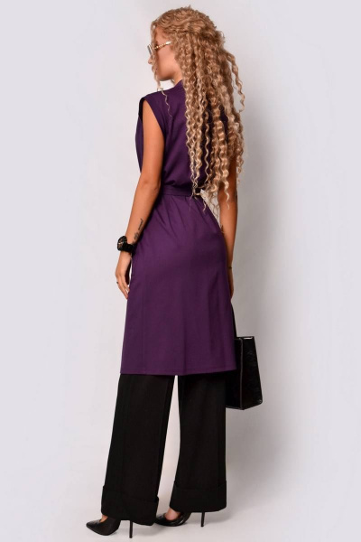 Длинный жилет удлиненного кроя из вискозы и трикотажа с поясом Patriciа F15106 баклажановый - фото 2