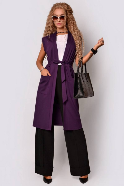 Длинный жилет удлиненного кроя из вискозы и трикотажа с поясом Patriciа F15106 баклажановый - фото 1