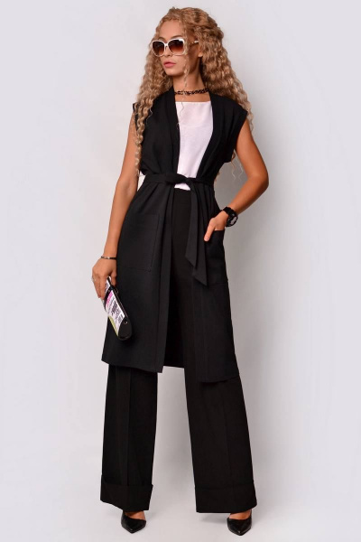 Жилет удлиненный из вискозы и трикотажа с поясом для стильного образа Patriciа F15106 черный - фото 1