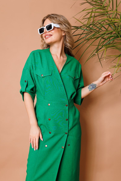 Эффектное миди платье с карманами и поясом NikVa 362-6 зелень - фото 4