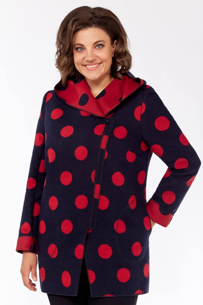 Демисезонная куртка с асимметричной застежкой и капюшоном Магия Стиля М-2500 горохи_красные - фото 1