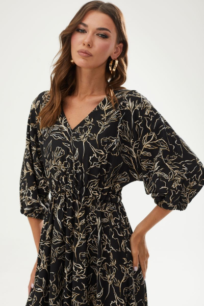 Черное летнее платье с принтом и резинкой по линии талии Lyushe 3495 - фото 2