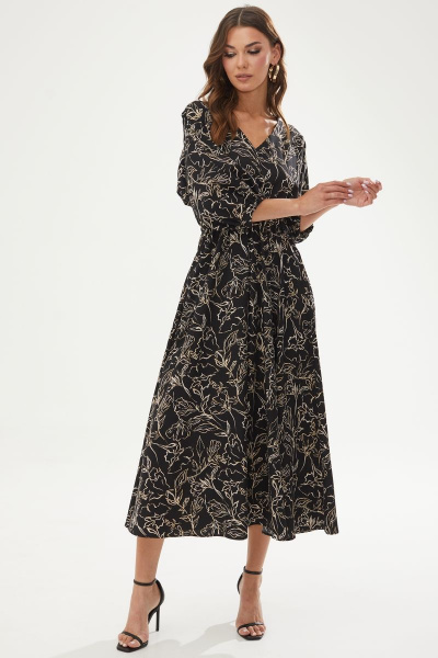 Черное летнее платье с принтом и резинкой по линии талии Lyushe 3495 - фото 1