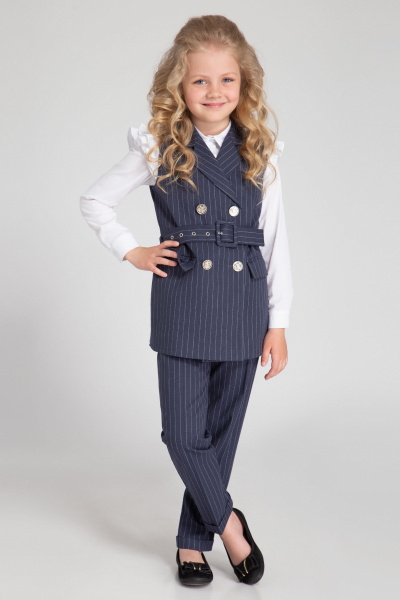 жилет удлиненный в полоску с пуговицами и поясом Panda Kids 257837С-134 Синий - фото 1