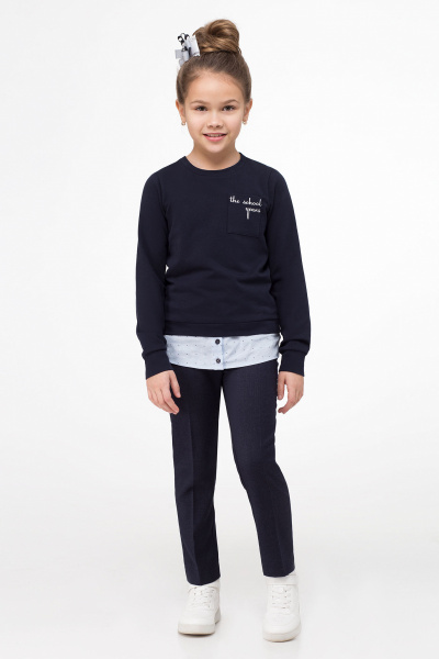 Джемпер для девочки с имитацией рубашки, с карманом и печатью Panda Kids 335240-128 Синий - фото 1
