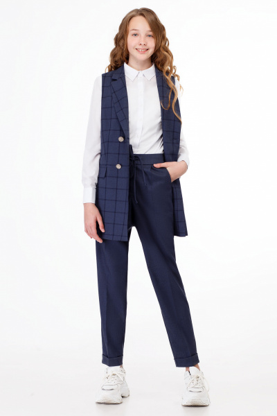 Длинная молодежная жилетка в клетку из вискозы Panda Kids 348737-164 Синий - фото 1