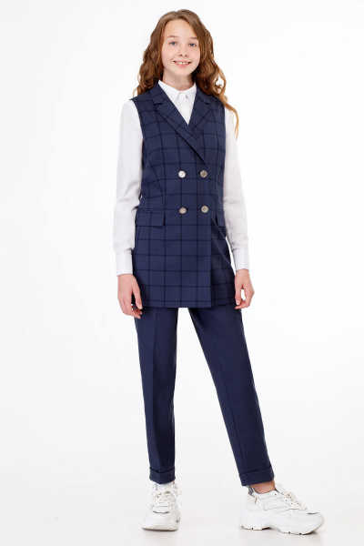 Длинная молодежная жилетка в клетку из вискозы Panda Kids 348737-164 Синий - фото 2