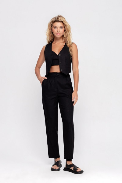 Черный укороченный леневый жилет с застежкой и подкладкой PiRS 4709 черный - фото 3