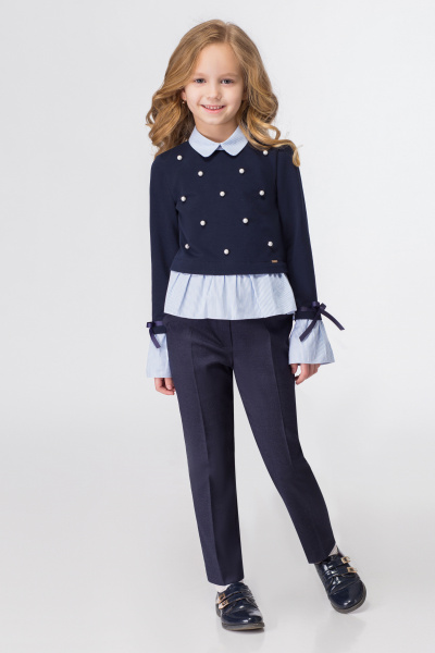 Демисезонный хлопковый джемпер с воротом и бусинами Panda Kids 323540-146 Синий - фото 1