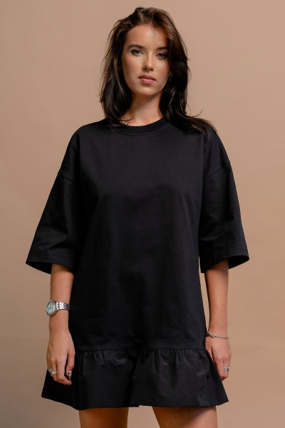 Летнее трикотажное платье с оборкой и спущенным рукавом JRSy 2365 черный - фото 3