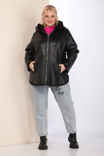 Черная короткая дубленка из экокожи с капюшоном Celentano 2028.2 черный - фото 7