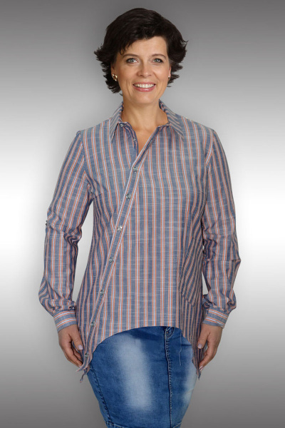 Легкая хлопковая блуза мультиколор и оранжевая с пуговицами Таир-Гранд 62233 теракотовая-полоска - фото 1