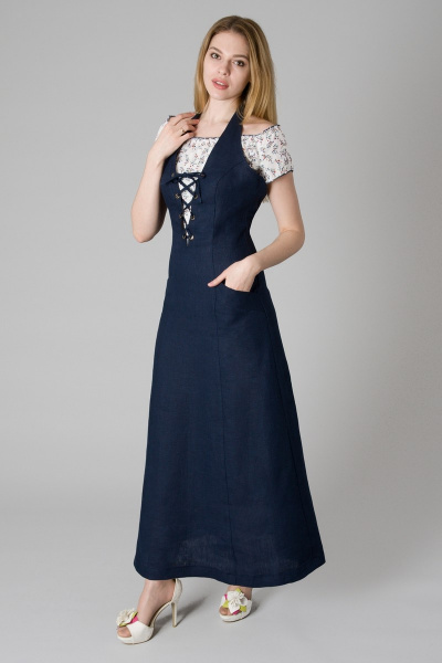 Макси сарафан из льняного полотна с карманами и шнуровкой Ouarida 17С-С985 - фото 1