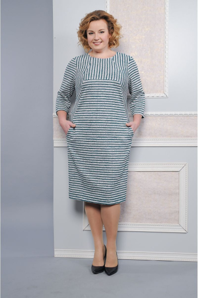 Платье с рельефами и отделкой из трикотажа Lady Style Classic 1234 серый-бирюза - фото 1