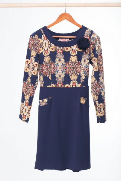 Теплое трикотажное платье с карманами и съемным поясом Anelli 107 сине-желтый - фото 5