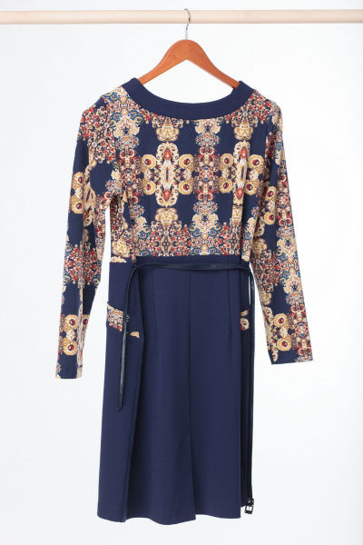 Теплое трикотажное платье с карманами и съемным поясом Anelli 107 сине-желтый - фото 6