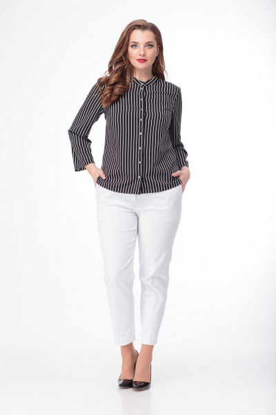 Белая и черная блузка из текстиля с длинным рукавом для офиса Anelli 661 черный - фото 1