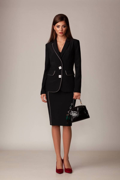 Деловой костюм: приталенный жакет с прорезными карманами и юбка с металлизированным кантом Rosheli 556 - фото 1